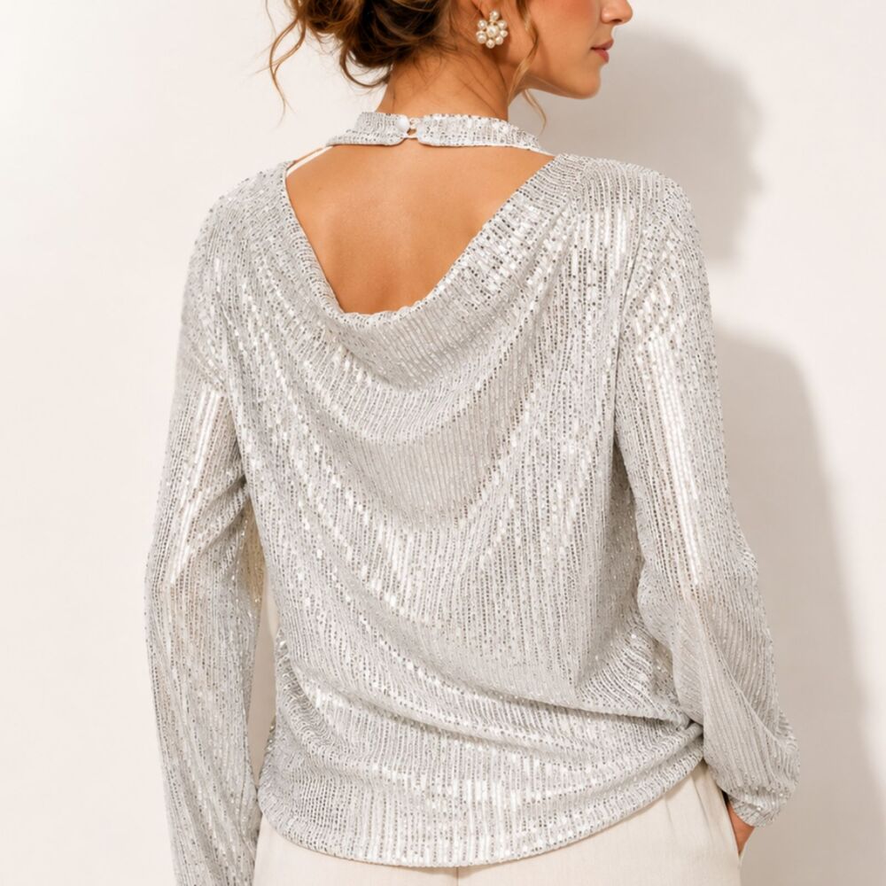 Grace Karin White Sequin Blouse NWT Large Long Sleeve Glam Party Cocktail Top